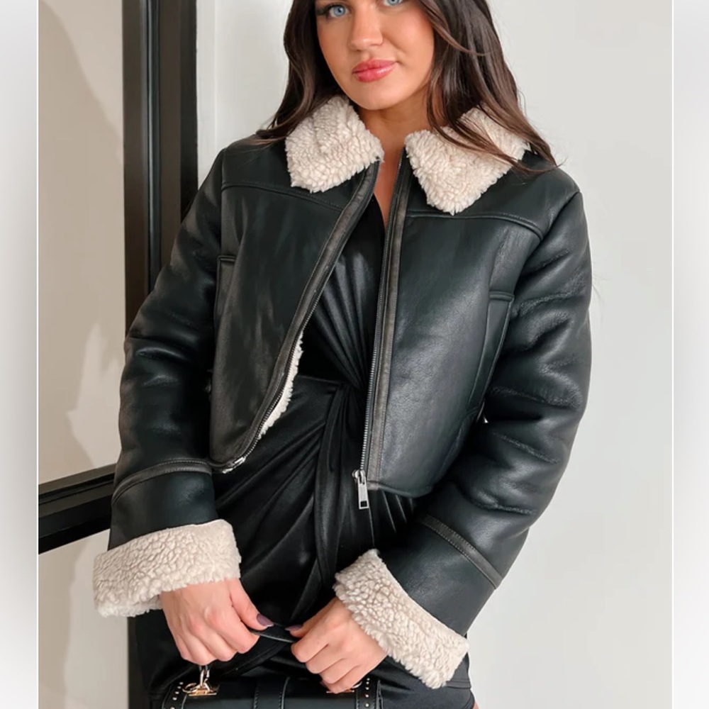 Black Sherpa Lined Faux Leather Jacket